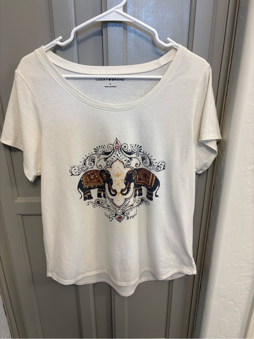 Lucky Brand Cream Tee with Embellished Elephant Motif